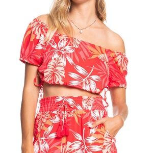 Roxy Red Puff Sleeve Ruched Crop Top